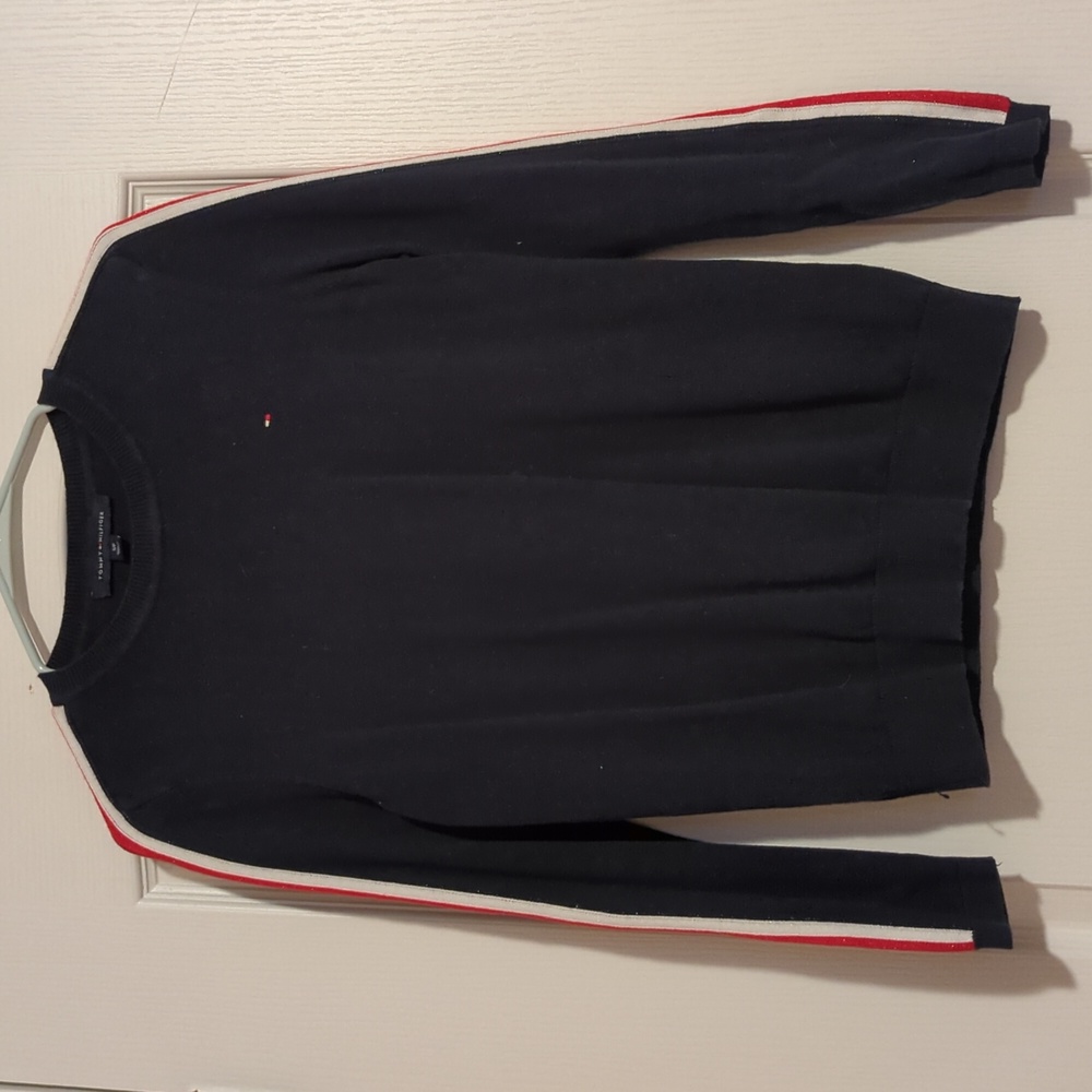 Tommy Hilfiger Navy Long Sleeve Sweater with Red and White Stripe Size Small